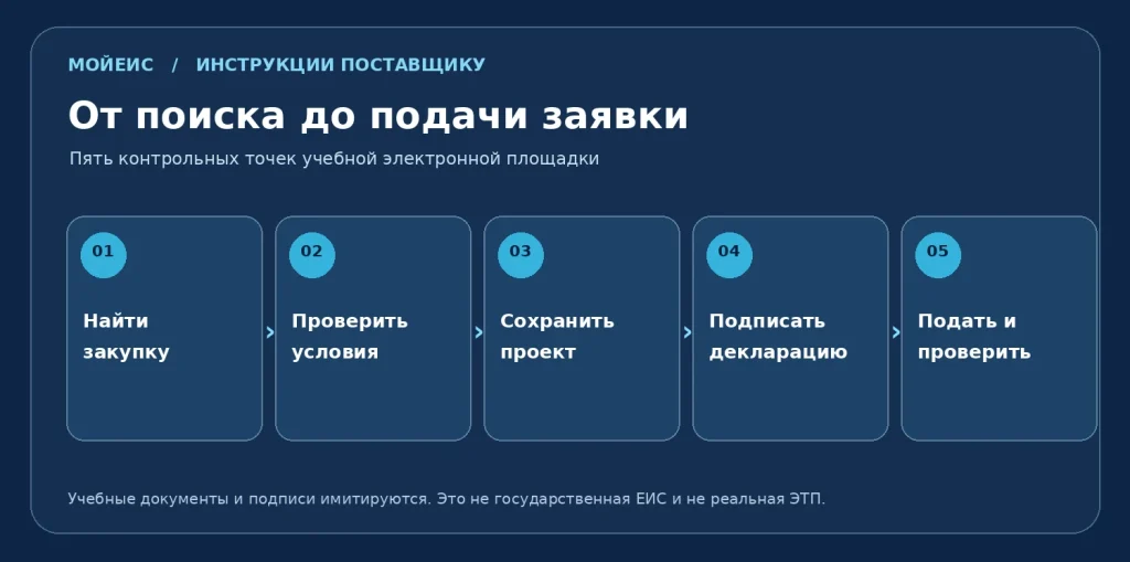 Пять этапов учебной заявки МойЕИС: найти закупку, проверить условия, сохранить проект, декларация, подача