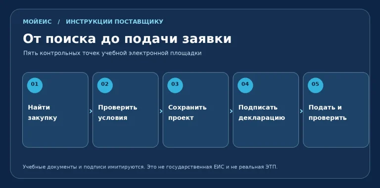 Пять этапов учебной заявки МойЕИС: найти закупку, проверить условия, сохранить проект, декларация, подача